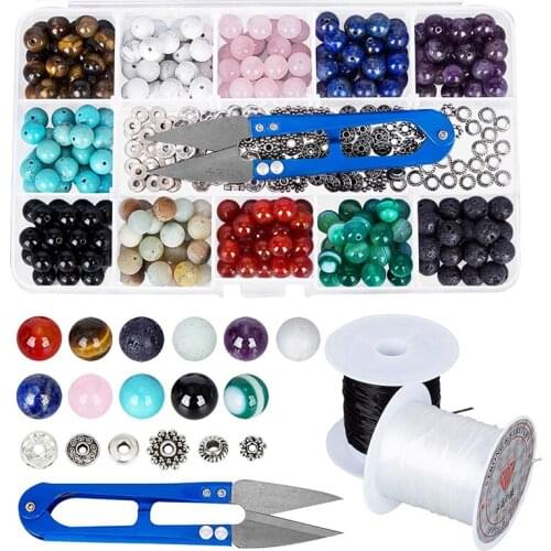 Stone Beads Box Set Kits 264pcs 8mm Round Loose Gemstone Natural Amethyst Lava Stone with Accessories Tools for Jewelry Making