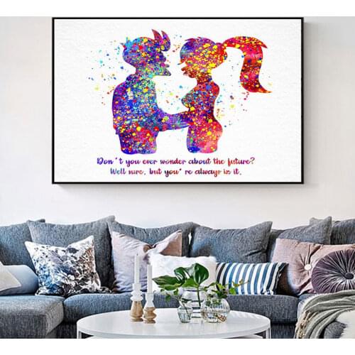 Disney Boy And Girl Love Quotes Canvas Paintings Posters And Cartoon Watercolor Prints Wall Art Pictures for Living Room Decor