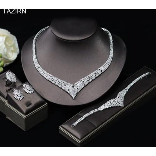 CZ Wedding Jewelry Set Fashion Dress Accessories Necklace Dangle Earrings Bracelet Ring 5A Full Cubic Zirconia Ornaments