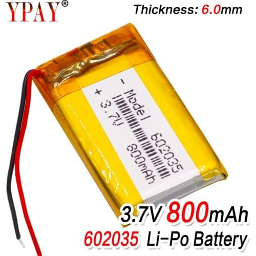 3.7v 602035 800mAh Lithium li ion polymer Rechargeable Battery 602035 For DVR GPS Car Tachograph Bluetooth headphone Battery