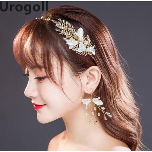Trendy Gold Tassel Earrings Flowers Headband Sets Pearl Crystal Hairbands Girls Hair Jewelry Bride Women Wedding Hair Accessory