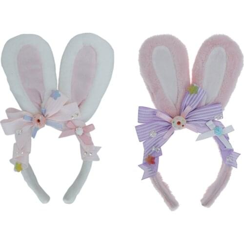 2pcs Lolita Rabbit Cosplay Costume Set Rhinestone Bowknot Bunny Ears Headband with Furry Plush Tail Easter Party Props