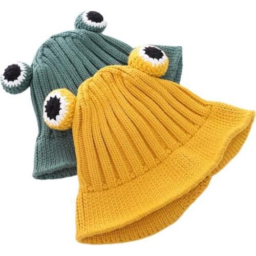 New Cartoon Frog Woolen Baby Fisherman Hat For Boys Girls Autumn Winter Kids Knitted Warm Baby Hats Cute Big Eyes Children Caps