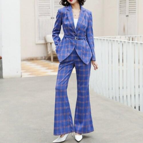 New Women Spring Womens Set Full Sleeve Asymmetry Plaid Belt Blazers Flare Pants Suit 2 Piece Set Casual Office Lady Outfits