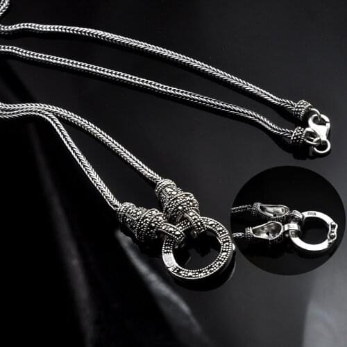 925 Sterling Silver color Buckle Foxtail Women Men Necklaces Thai Silver Marcasite Stone Long Section Sweater Chain Necklace