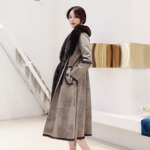 Real Rabbit Fur Coat Women Winter 2020 New Large Real Fox Fur Collar Warm Long Genuine Leather Jacket manteau femme hiver L2572