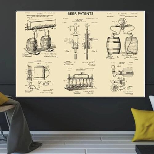 Beer Lover Gift Artwork Poster and Print Craft Beer Brewing Wall Art Posters Beer Tap Handle Blueprint Canvas Painting Bar Decor