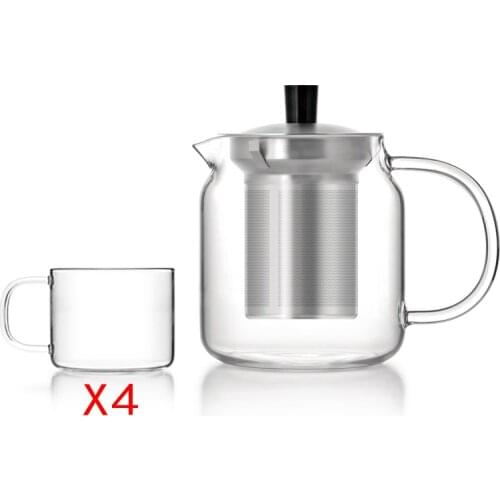 Simple Design Borosilicate Glass Teapot with Stainless Steel Infuser 700ml&4 Glass Tea Cups,Modern Gong Fu Tea Set