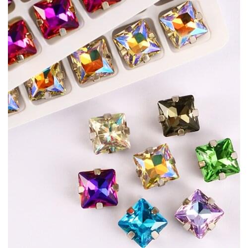 Square Shape Sew On Rhinestones Glass Strass With Copper Claws Pointback Blue Rhinestones Crystal Hollow Out DIY Accessories