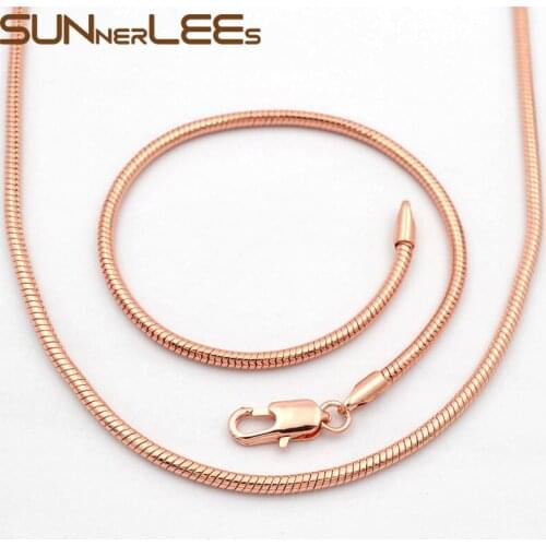 SUNNERLEES Fashion Jewelry Rose Gold Color Necklace Bracelet Set 2.5mm Snake Link Chain For Mens Womens Gift C32 S