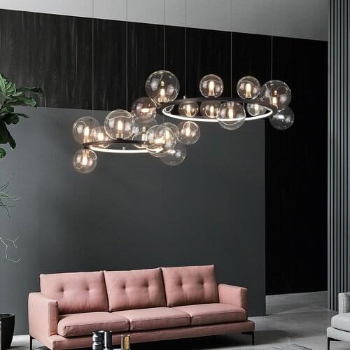 LED Postmodern Iron Glass Bubbles Round Black Silver Chandelier Lighting Suspension Luminaire Lampen For Dinning Room