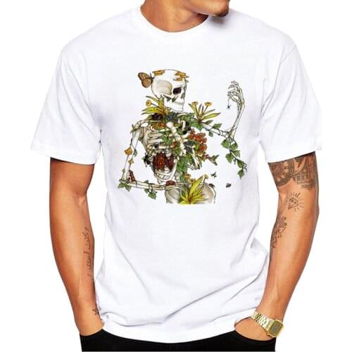 TEEHUB Short Sleeve O-Neck Funny Bones and Botany Men T-Shirt Vitnage Flower Skeleton Printed Tshirts Casual Tee Hipster Tops