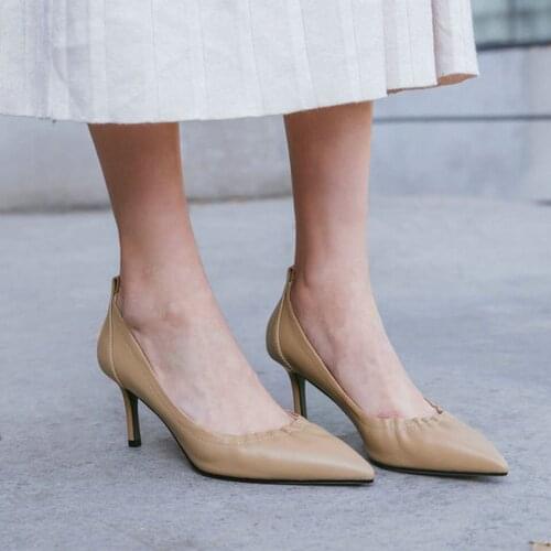 EshtonShero Classic Woman Shoes Leather+PU Platform Pointed Toe Thin High Heels Solid Slip On Ladies Wedding Shoes Size 3-8