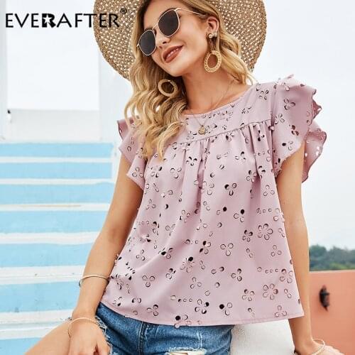 EVERAFTER Sexy Hollowout Women Blouse Shirt Floral Ruffle Elegant Pink Blouses Short Sleeve Female Summer Holiday Casual Blouse