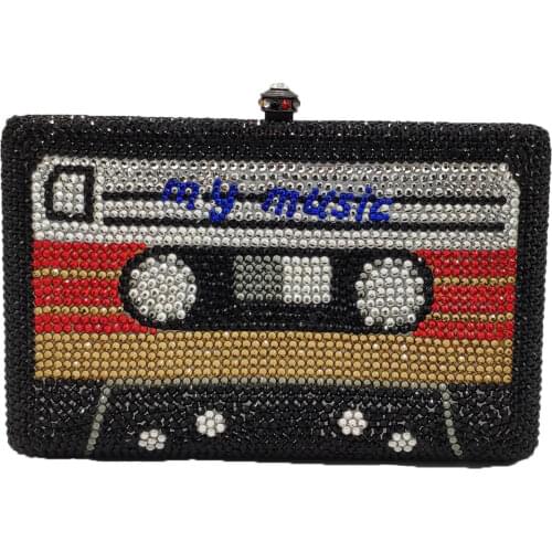 Boutique De FGG MY MUSIC Cassette Tape Women Crystal Evening Bags and Clutches Wedding Party Prom Minaudiere Handbag and Purse