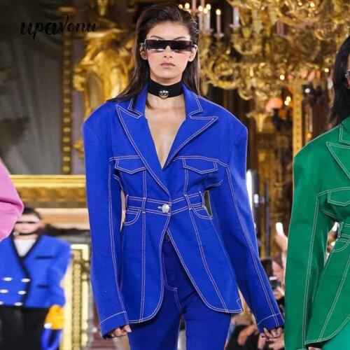 HIGH QUALITY 2020 New Womens Blazer Fashion Runway Blazer Womens Blue Lapel Long Sleeve Lion Metal Single Button Denim Blazer
