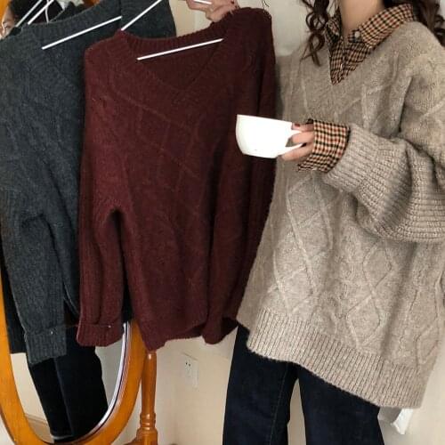 2020 Women Autumn Winter Thicken V Neck Twist Sweater Oversized Full Sleeve Casual Pullover Jumpers