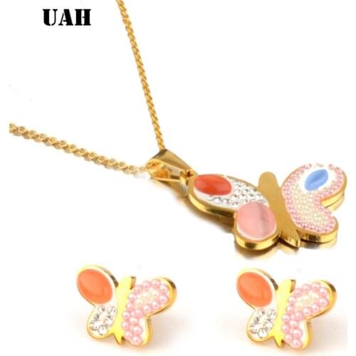 UAH Women Jewelry Set Butterfly Stainless Steel Necklace Earrings Rose Gold Zircon Charm Matte Finished Female Gifts