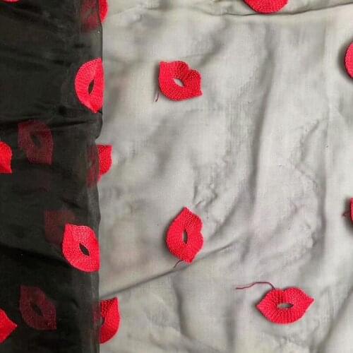 1Y/lot Glamorous Red Heart Lips Pattern Embroidery Mesh Sewing Fabric Textile For Women Dress Skirt Accessories