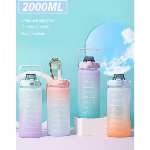 Large Water Bottle Gradient with Straw Time Marker Portable Leakproof Non-Toxic Sports Drinking Bottle for Gym Fitness Camping