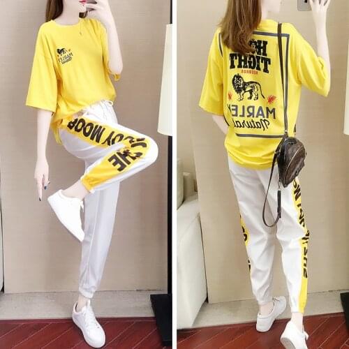 Street Sports Style Womens Two-piece Lion Pattern Printing Short-sleeved Letter Harem Pants Running Summer Suit Casual Women