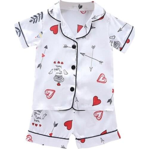 Short Sleeve Child Blouse Tops+Shorts Sleepwear Pajamas Kids Clothes Baby Pajama Sets Boys Girls CartoonHeart Print Outfit 7
