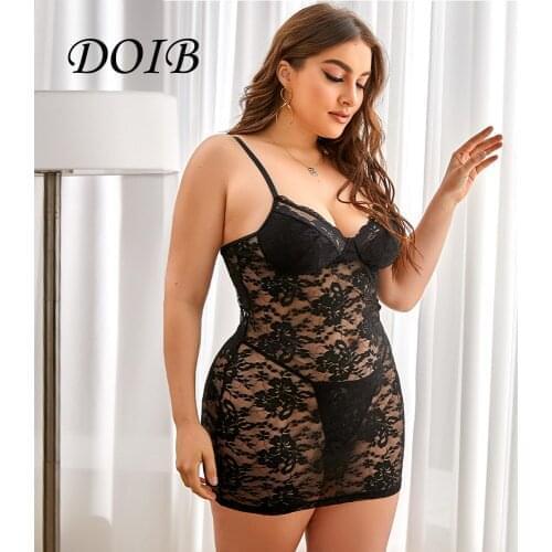 DOIB Women Sexy Lace Spaghetti Strap Sleepwear Dress Plus Size Nightwear Summer Thin 4XL Dress