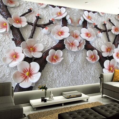 Custom Size 3D Embossed Cherry Flowers Photo Mural Wall Paper For Bedroom Living Room TV Sofa Background Wall Decor Wallpaper 3D