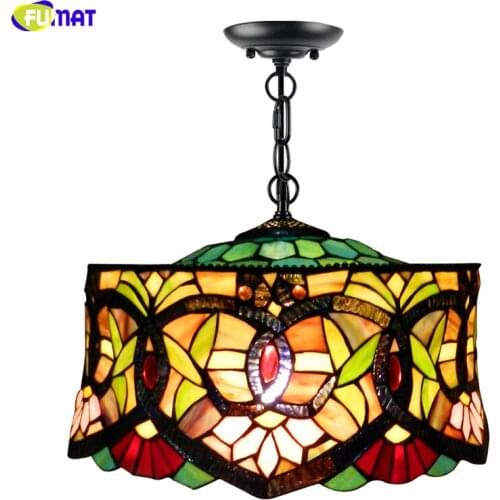 FUMAT Tiffany Style Multicolor Stained Glass Dinning Room Lamp Single-Headed Hat Chandelier Handcraft Art Home Decor Green Light