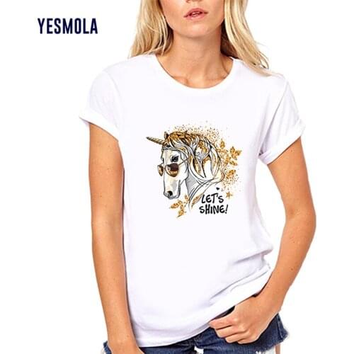 YESMOLA Print T-shirt Women Girl Unicorn T Shirt Lets Shine Femme O-neck T-shirt Fashion Cotton Casual Top Harajuku Shirt Tops