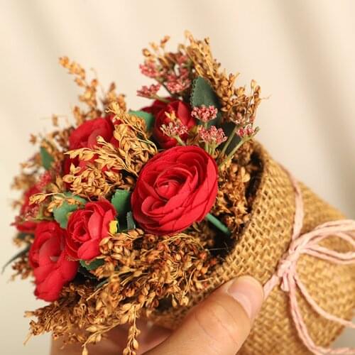 Artificial Plant Potted Bonsai Fake Flower Tea Rose Potted Home Decoration Linen Bouquet Three-Color High-Quality Vase Party