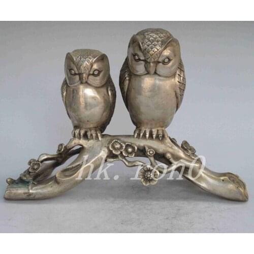 Exquisite Chinese Old White Copper statue carved with one pair of owls sitting on the tree stumps
