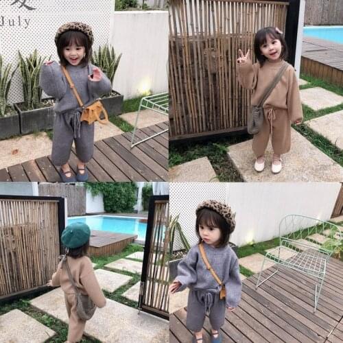 New Autumn 2020 Girls Solid Color Casual Loose Core Spun Yarn Sweater Sets Toddler Kikds Cotton Knitted Two Piece Sets