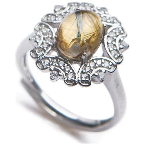Genuine Natural Titanium Rutilated Quartz Round Bead Fashion Women Anniversary Adjustable Ring 6*8mm