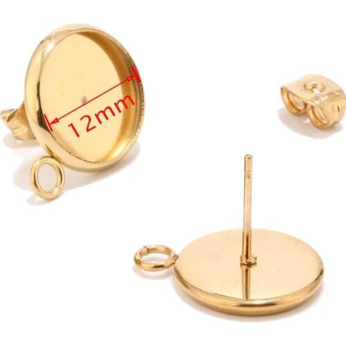 Stainless Steel 12mm Gold Silver Tone Stud Earrings Post Blank Base with Loop for Cabochon Settings Tray for DIY Jewelry Making