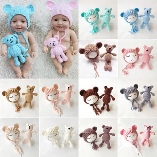 New Cute Newborn Baby Knit Crochet Bear Hat+Bear Toy Photography Props Costume Girls Boys Warm Cap Toys Kids Hats Kids Accessory