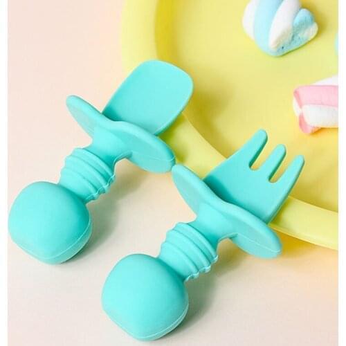 Baby Silicone Short Knob Spoon Fork Set Food Grade Silicone Infant Feeding Tableware Baby Training Spoon Elastic Safe Spoon Head
