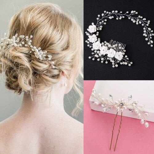 Wedding Bridal Hair Accessories Crystal Flowers Imitation Pearl Hair Comb/Pin for Women Girl