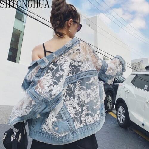 2020 New Summer Long Sleeve Large Size Jeans Jackets Womens Coat Loose Lace Stitching Perspective top Jacket Ladies denim coat