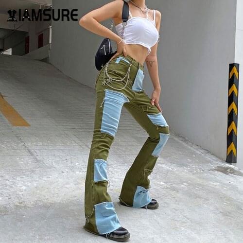 IAMSURE Colorblock High Waist Casual Jeans Pants Womens 2020 New Streetwear Fashion Patchwork Y2K Female Boot Cut Trousers