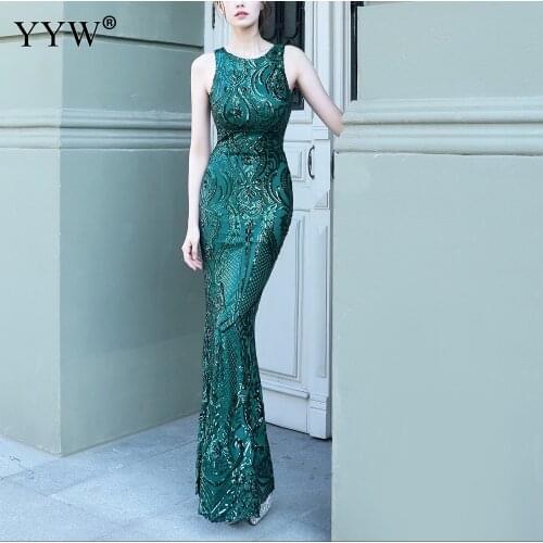 Elegant Women Bodycon Green Backless Evening Long Dress Sexy Sleeveless Gold Sequin Party Dressses Formal Prom Party Gown