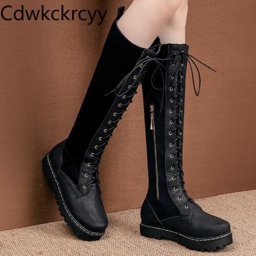 Winter The New fashion Round head Thick bottom High tube Martin boots student Lace Plus velvet Keep warm High heel Women boots