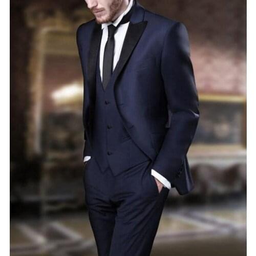 3 Pieces Navy Blue Mens Suits Peak Lapel Wedding Suits for Men Groom Tuxedos Business Formal Suit (Jacket+Pants+vest+tie)