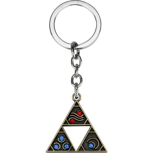 Anime The Legend of keychain Vintage bronze triangle blue red crystal pendant Keyring women men jewelry Gifts key holder