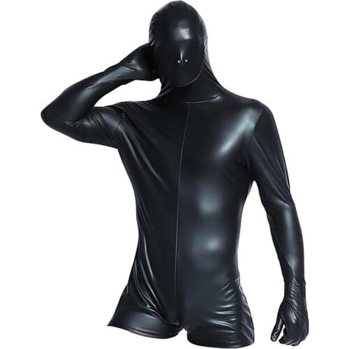 Men Faux Leather Catsuit Long Sleeve Jumpsuit with Expose Nostrils Venting Hole
