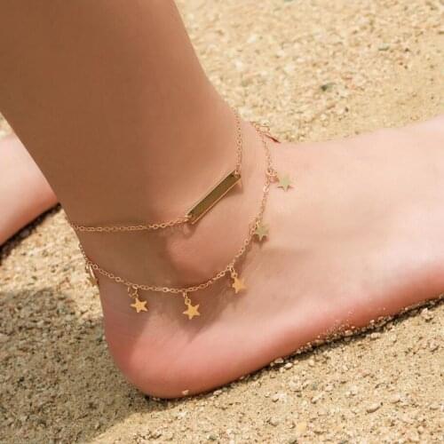 Two layer Anklet square charm and stars pendant gold silver plated metal chain extend chain Lobster Clasp