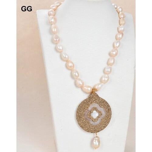 GG Jewelry Natural Freshwater Pink keshi Baroque Pearl Golden CZ Shell Pendant Keshi Pearl Necklace