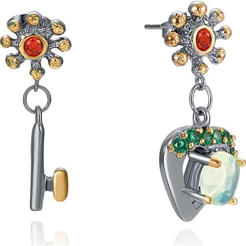 Delicate Feminine Earrings for Women Hanging Charm Key-Open-Heart Peacock Blue Zircon Dangle Jewelry WE4029+31