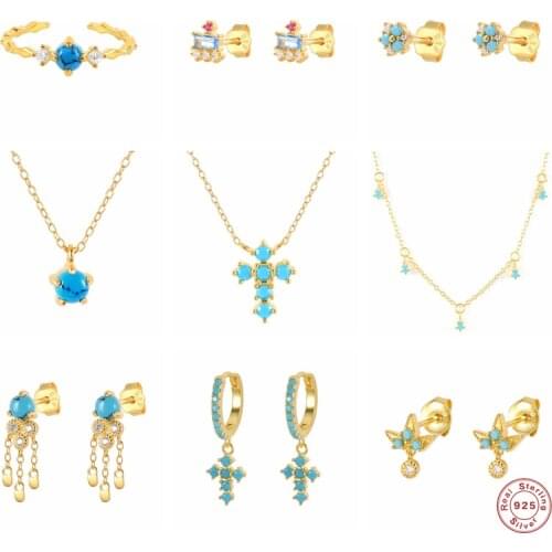 Aide 925 Sterling Silver Blue Turquoise Collection Jewelry Set Cross Pendant Necklace Drop Earrings Round Zircon Charm Rings