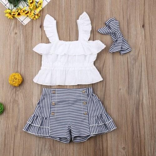 Newborn Toddler Baby Girl Clothes Sets Ruffle Tops stripe Shorts Headband 3pcs Summer Kids Sunsuits Outfits Set